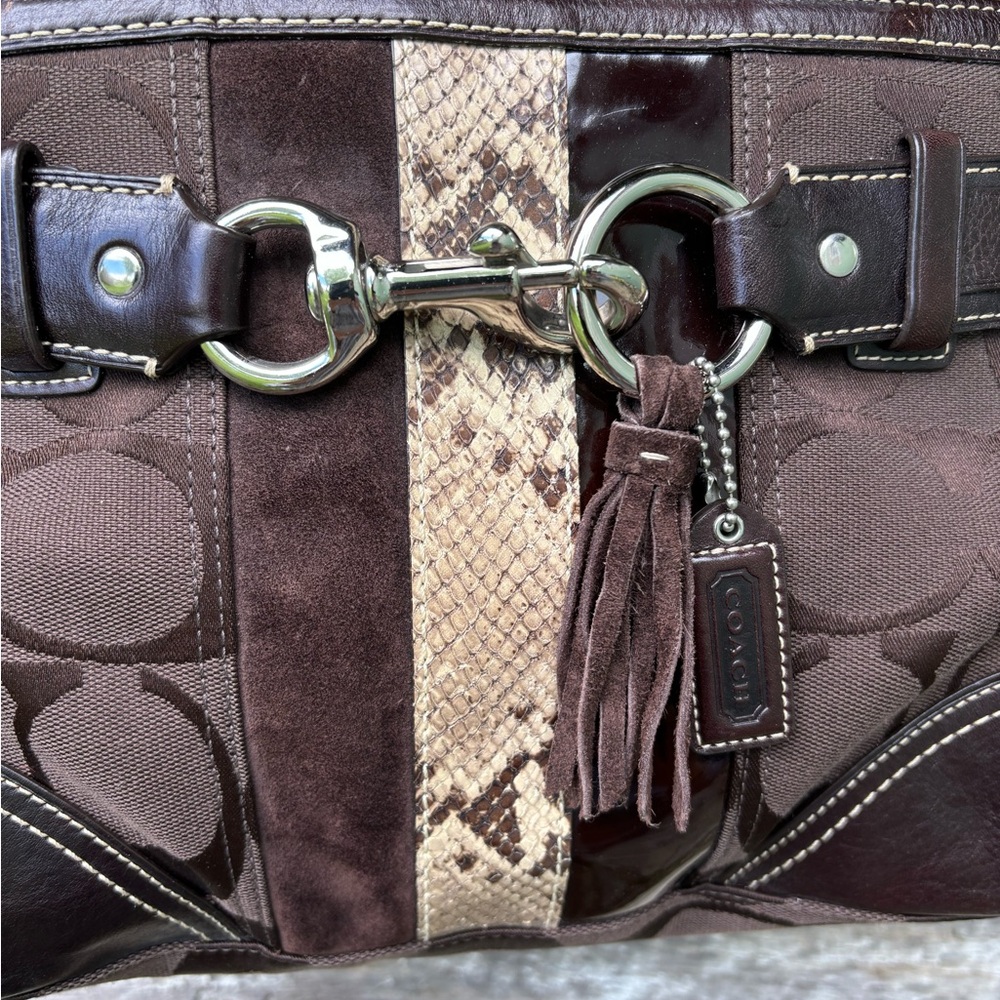 Coach Brown Signature Canvas Satchel with Snakeskin Stripe - Picture 3 of 13